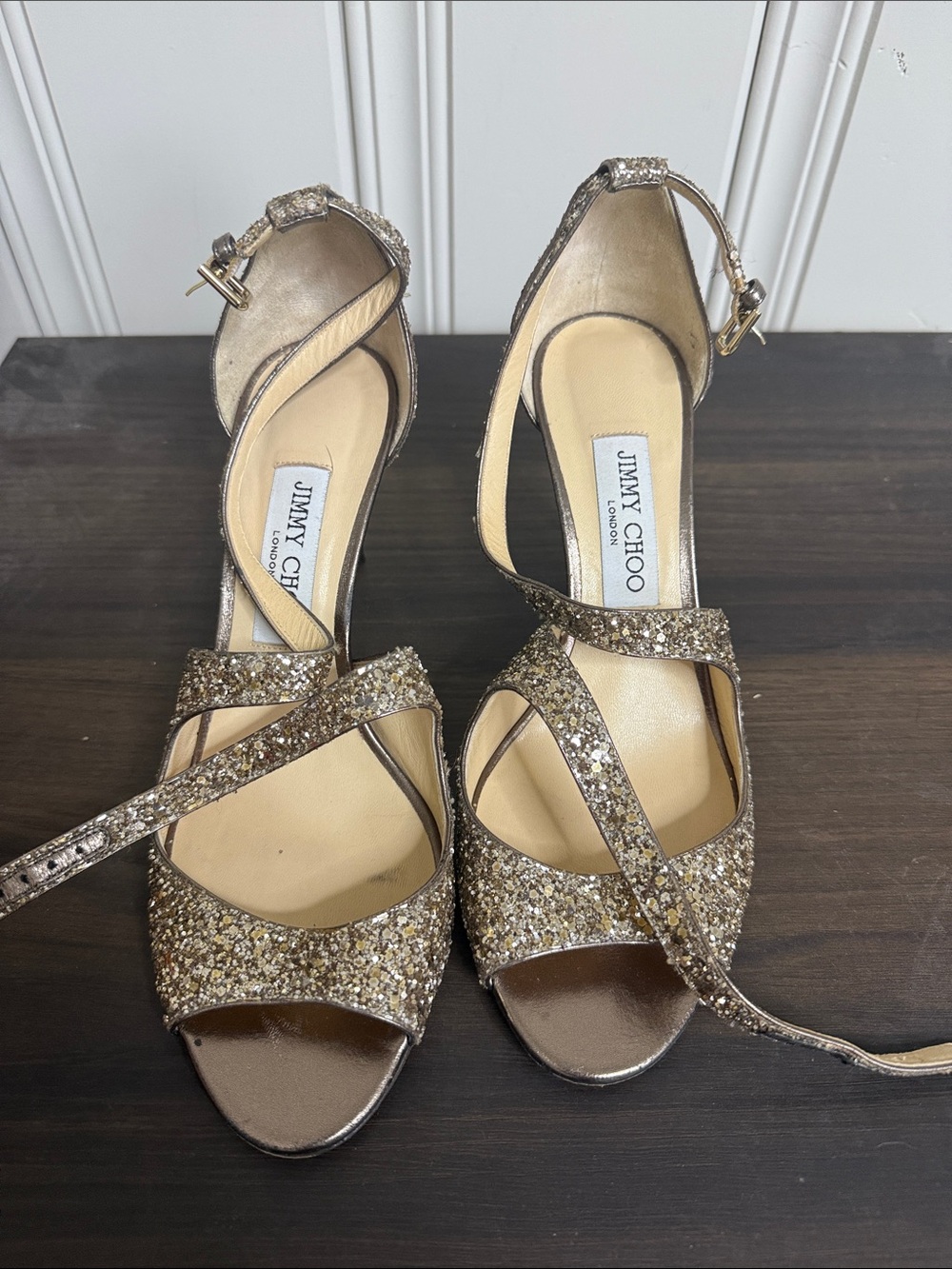 Jimmy Choo Gold Glitter Crisscross Ankle-Strap Heels
